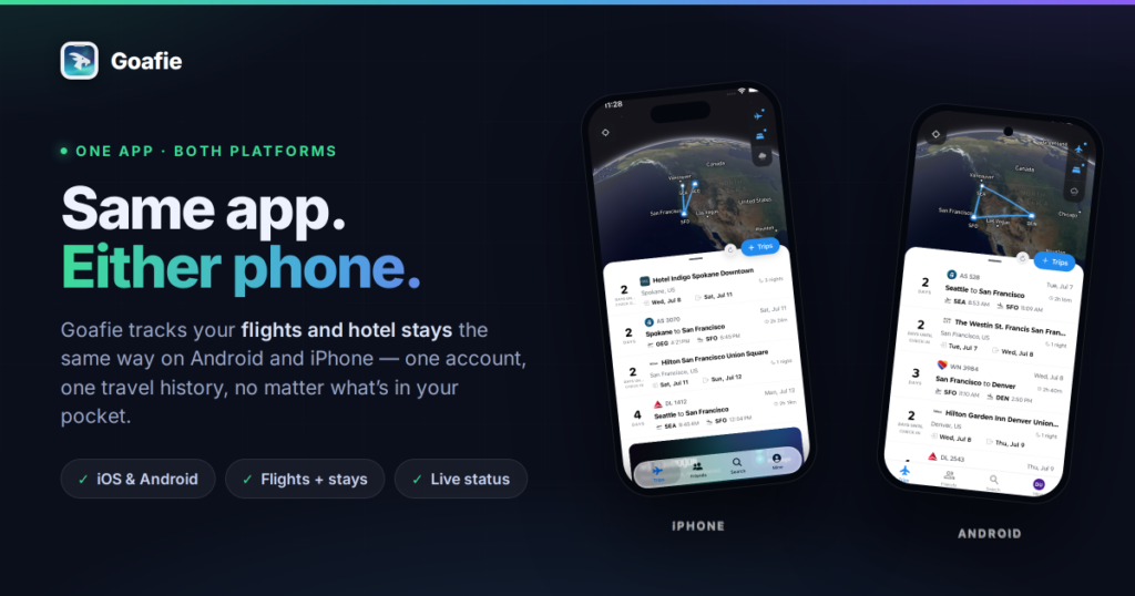 Real Goafie screenshots side by side: the Trips screen on iPhone and on Android, showing flights and hotel stays in one list