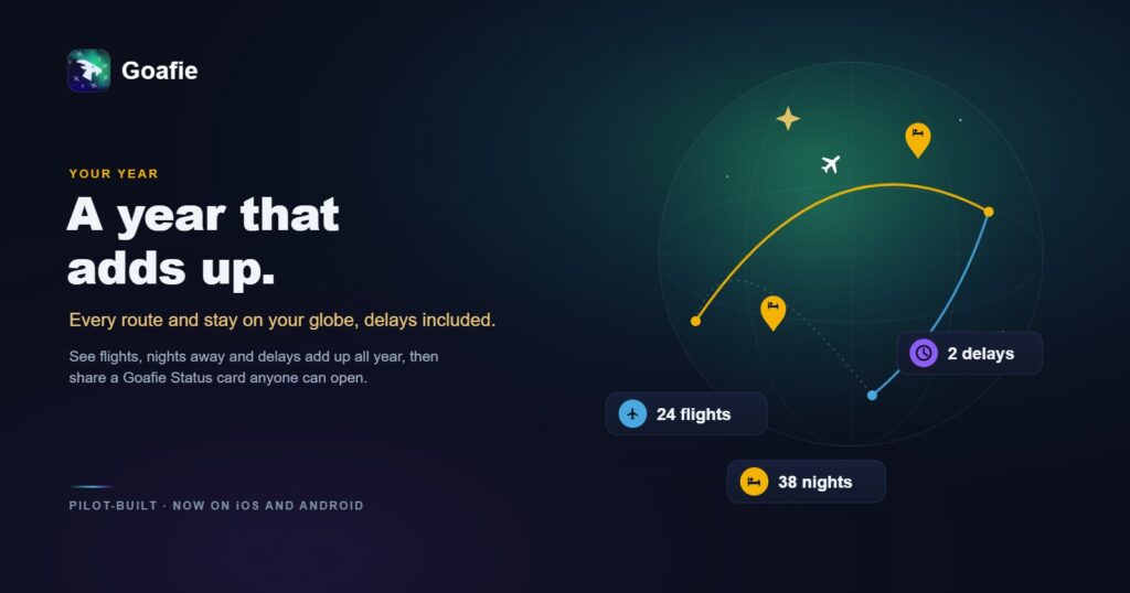 Goafie app showing your year in flights, nights away and delays on a globe