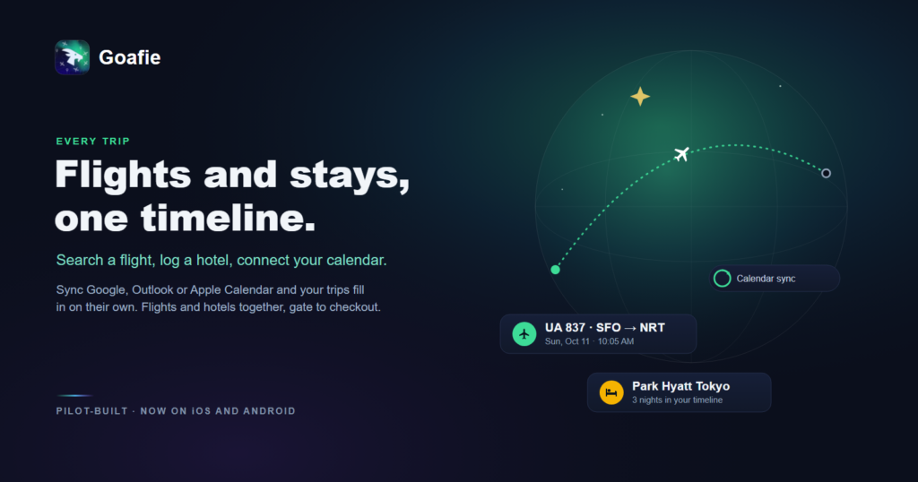 Goafie app timeline showing flights and hotels in one itinerary