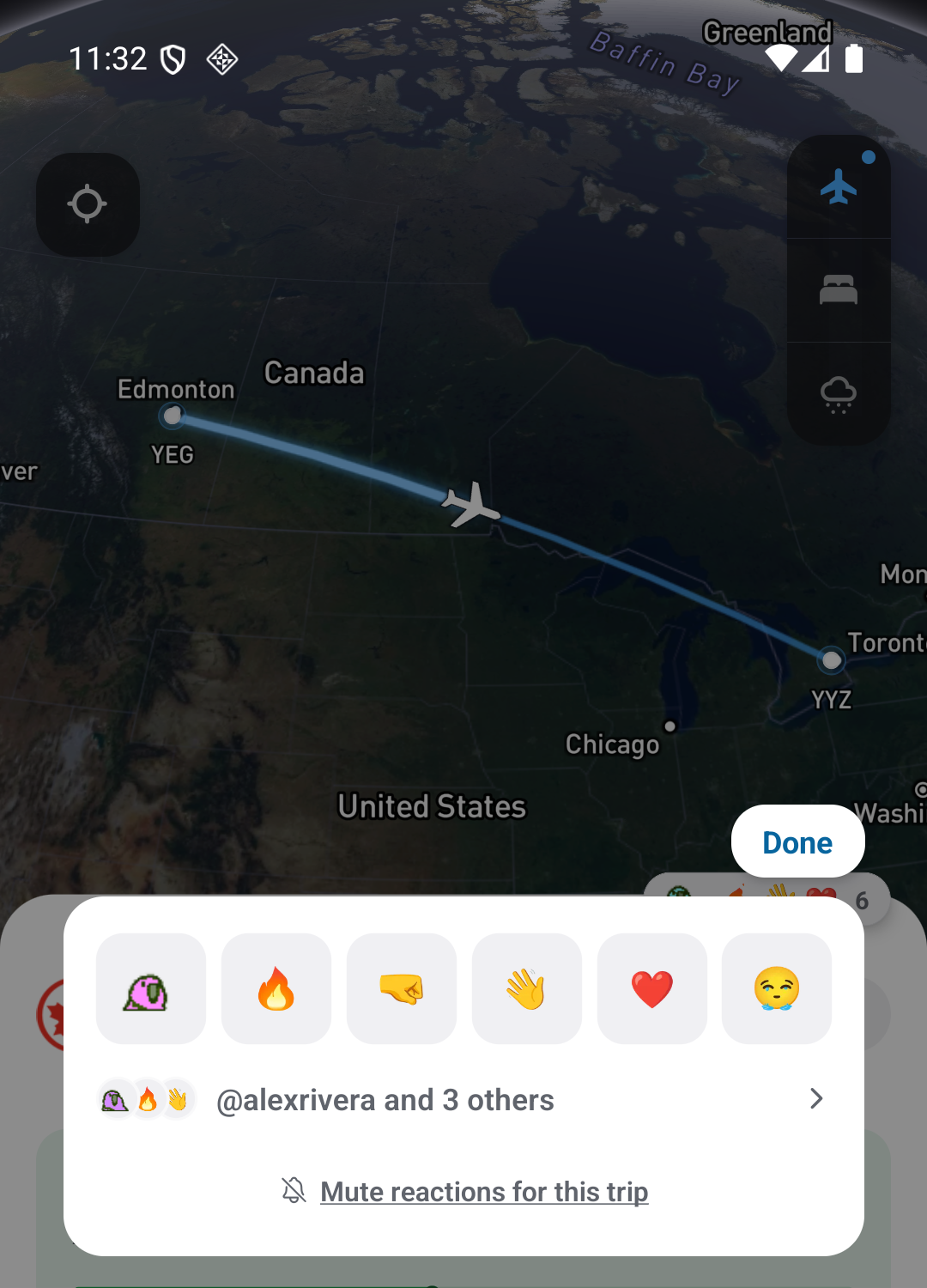 The Goafie reaction picker open on a flight detail screen: six reactions including the party parrot, with an aggregated line showing who already reacted