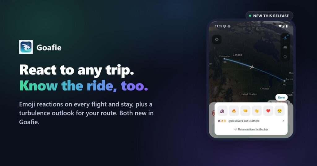 Goafie's new reaction picker open over a flight route: party parrot, fire, fist bump, wave, love and cry, with @alexrivera and 3 others already reacted